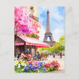 Cartão Postal Watercolor Paris Eiffel Tower & Café Retro