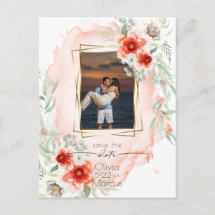 Cartão Postal Watercolor Persimmon Floral Photo Save Date (Image