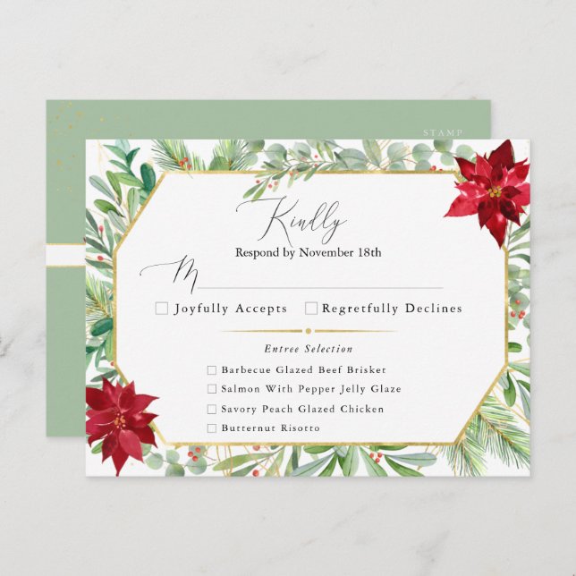 Cartão Postal Watercolor Poinsettia Holiday Wedding RSVP (Frente/Verso)