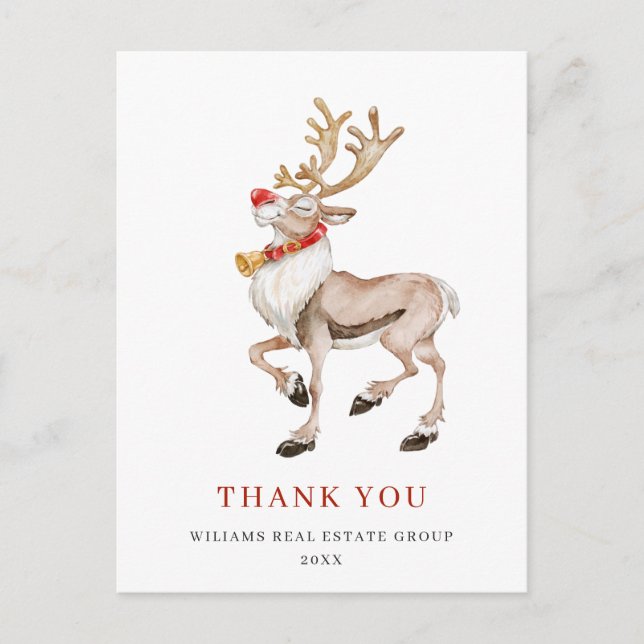 Cartão Postal Watercolor Reindeer Natal - Obrigado (Frente)