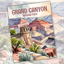 Watercolor Retro Grand Canyon Desert Watchtower