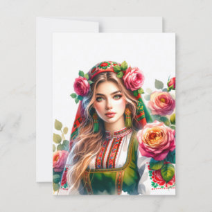 Cartão Postal Watercolor Rosas e Mulher Folk Búlgara Étnica