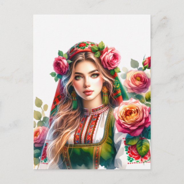 Cartão Postal Watercolor Rosas e Mulher Folk Búlgara Étnica (Frente)
