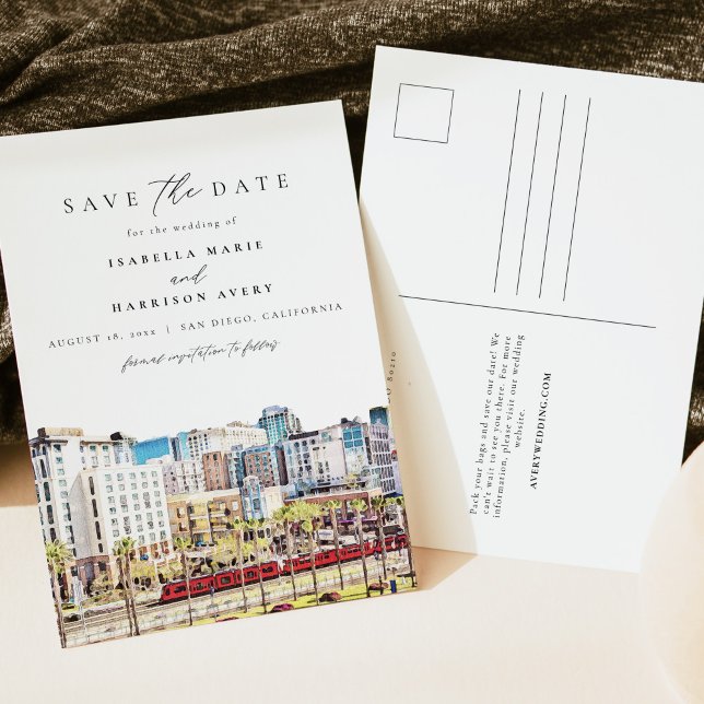 Cartão Postal Watercolor San Diego California Skyline Beach (Criador carregado)