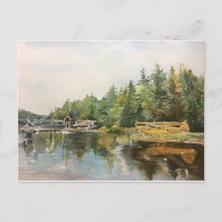 Cartão Postal Watercolor Seaplane Adirondacks Lake Forest Green