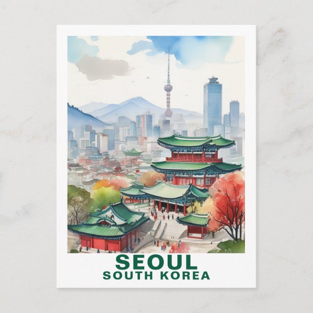 Cartão Postal Watercolor Seoul, South Korea Travel Art (Frente)