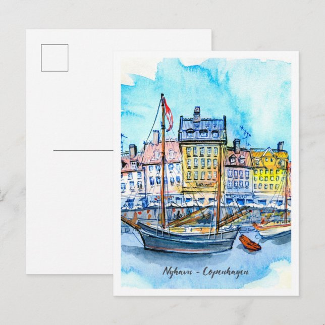Cartão Postal Watercolor Sketch Nyhavn Copenhagen (Frente/Verso)