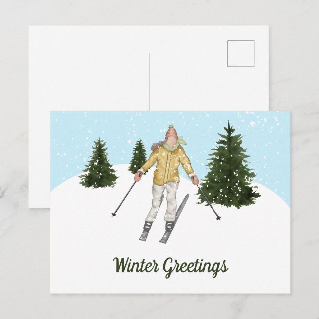 Cartão Postal Watercolor Skiing Woman And Trees Winter Greetings (Frente/Verso)