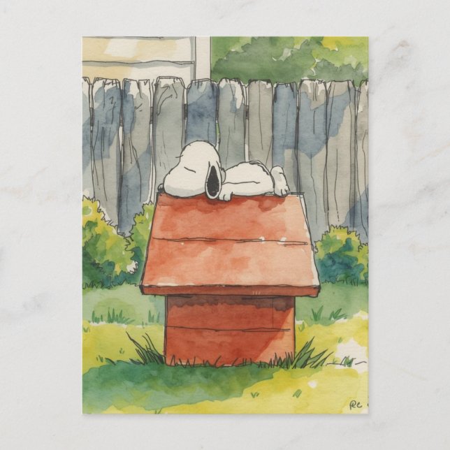 Cartão Postal Watercolor Sleeping Dog on Red Doghouse Art (Frente)