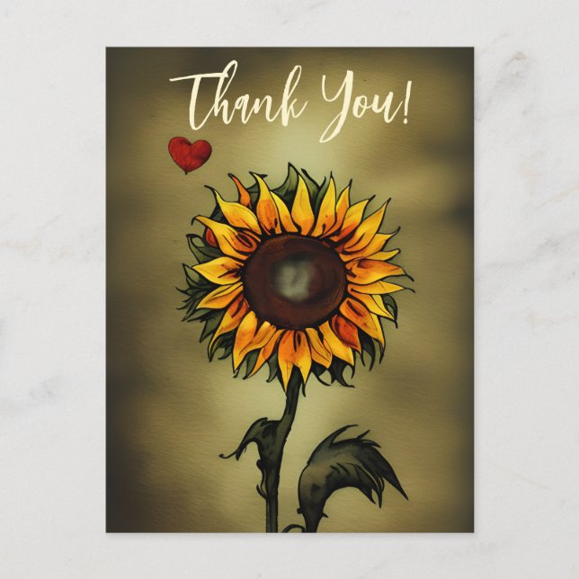 Cartão Postal Watercolor Sunflower Love Flower Obrigado (Frente)