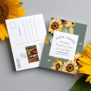 Cartão Postal Watercolor Sunflower Sage Photo Save The Date (Cód