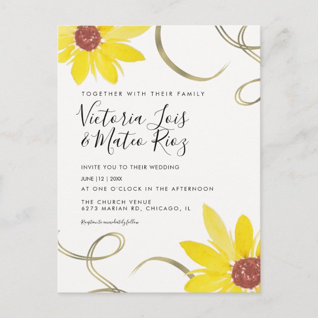 Cartão Postal Watercolor Sunflower Wild Floral Swirl Weds (Frente)