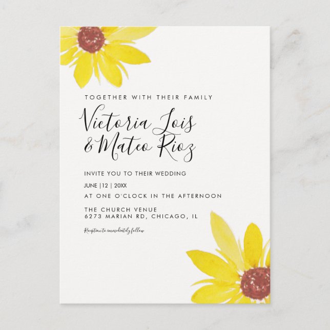 Cartão Postal Watercolor Sunflower Wild Floral Yellow Casamento (Frente)