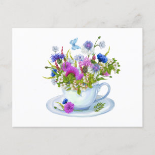 Cartão Postal Watercolor Teacup com Cornflower, Willowers