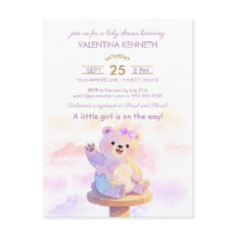 Watercolor Teddy Bear Girl Baby Shower Invitation