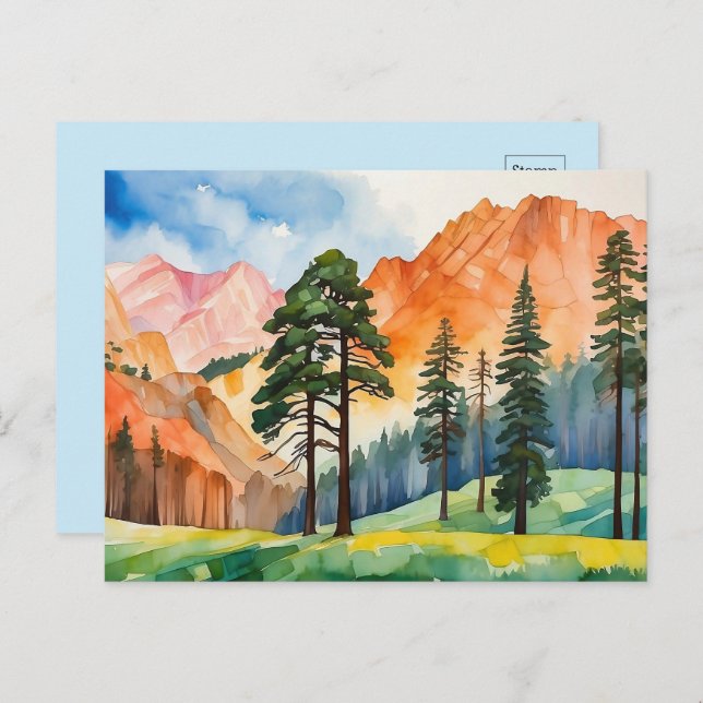 Cartão Postal Watercolor Tranquil Montanhas Springtime (Frente/Verso)