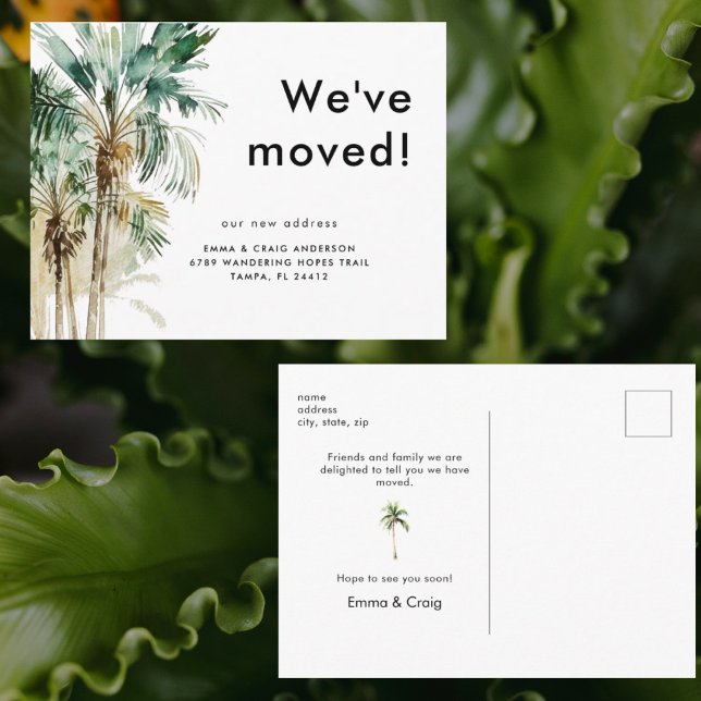 Cartão Postal Watercolor Tropical Foliage We've Moved (Criador carregado)