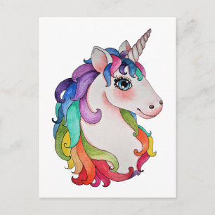 Cartão Postal Watercolor Unicorn Com Cabelo Arco-Íris
