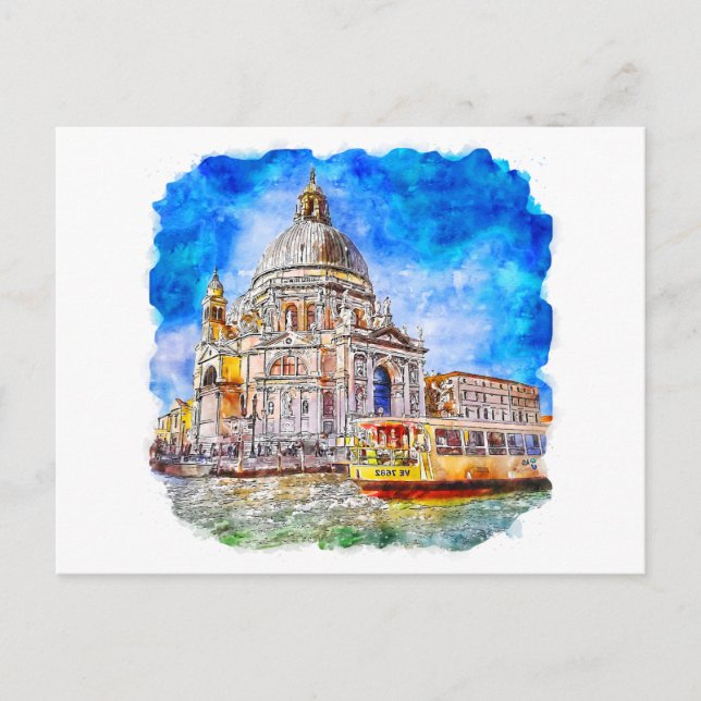 Cartão Postal Watercolor Venice Itália - Desenho Colorido (Frente)