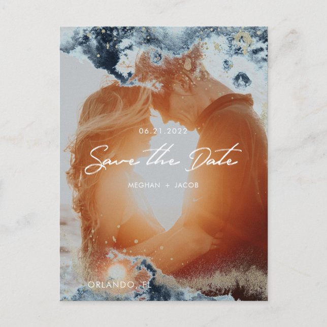 Cartão Postal Watercolor Waves Foto Salvar Data (Frente)