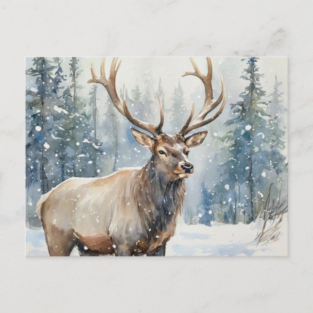 Cartão Postal Watercolor Wildlife Elk in Winter  (Frente)