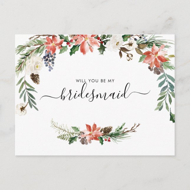 Cartão Postal Watercolor Winter Floral | Be My Bridesmaid (Frente)