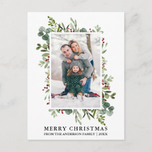 Cartão Postal Watercolor Winter Greenery Berries Foto de Natal