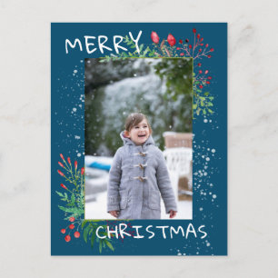 Cartão Postal Watercolor Winter Greenery Blue Christmas Photo