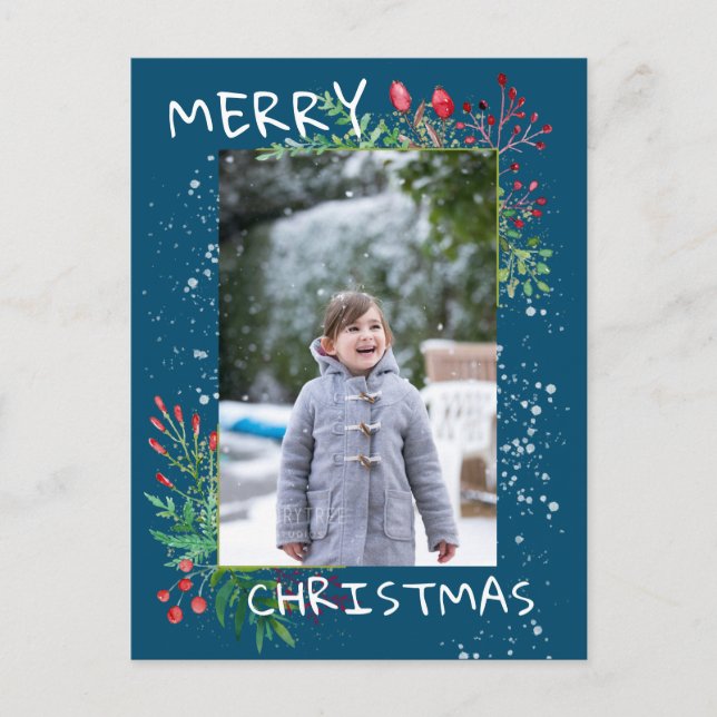 Cartão Postal Watercolor Winter Greenery Blue Christmas Photo (Frente)