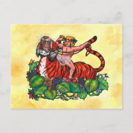 Cartão Postal Watercolor Young Bacchus sorrindo andando em um ti