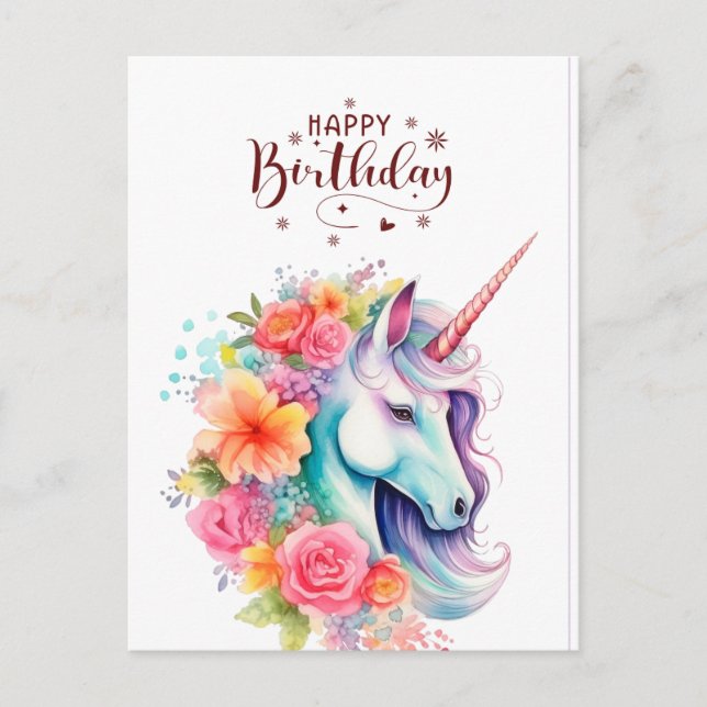 Cartão Postal Watercolour Unicorn Floral Happy Birthday PostCard (Frente)