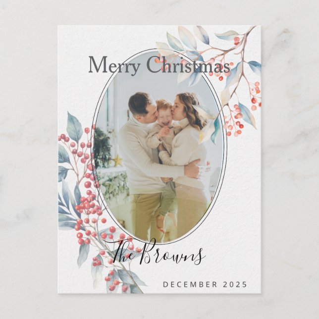 Cartão Postal Watercolour Winter Berries Photo X-mas Postcard (Frente)