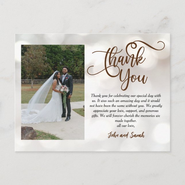 Cartão Postal Wedding Bokeh - Obrigado nota (Frente)