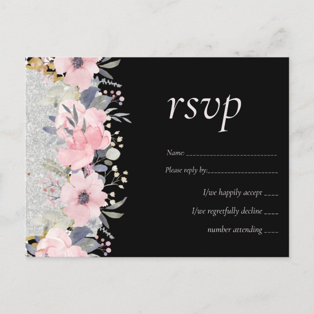 Cartão Postal WEDDING - Silver Rosegold Floral Girly Glitter (Frente)