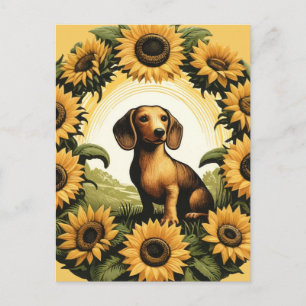 Cartão Postal Weiner Dachshund Art Sunflower