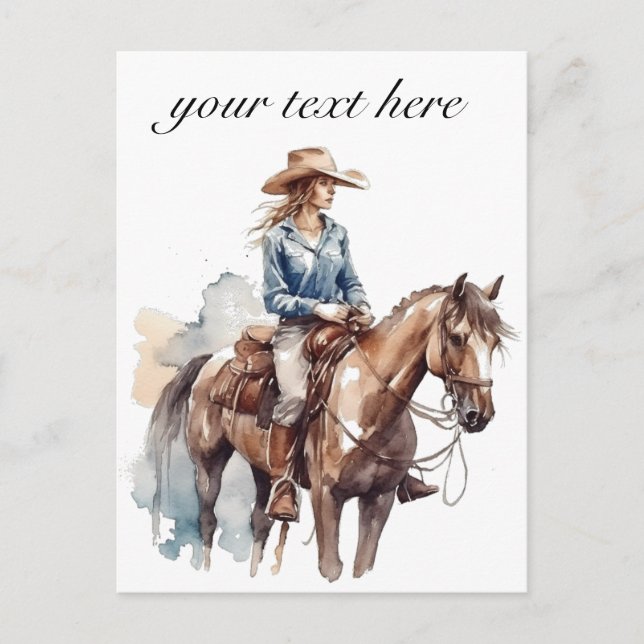 Cartão Postal Western Watercolor Brunette Cowgirl, personalizada (Frente)