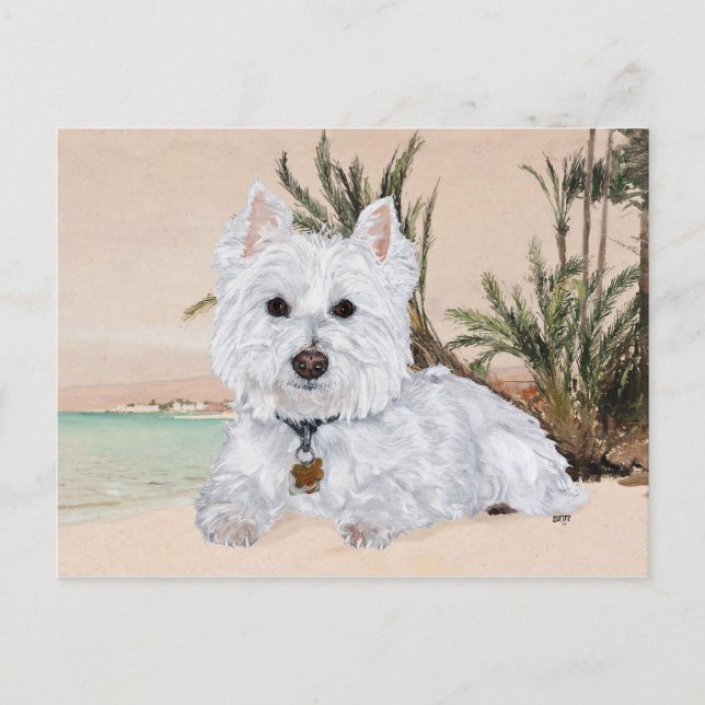 Cartão Postal Westie na Praia (Frente)
