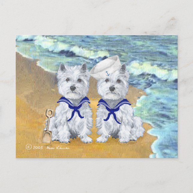 Cartão Postal Westie Sailor Twins na Praia (Frente)