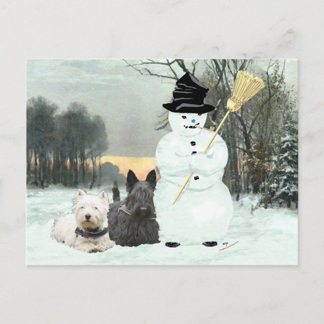 Cartão Postal Westie & Scottie Construa um Snowman (Frente)