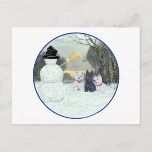 Cartão Postal Westies e Scottie com Boneco de Neve