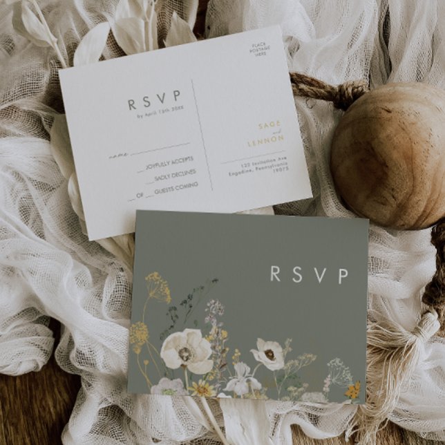 Cartão Postal Whimsic Wildflower | Sage Green Wedding RSVP (Criador carregado)