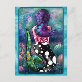 Cartão Postal Whimsical Abstract Mermaid Nautical Teal Seashells