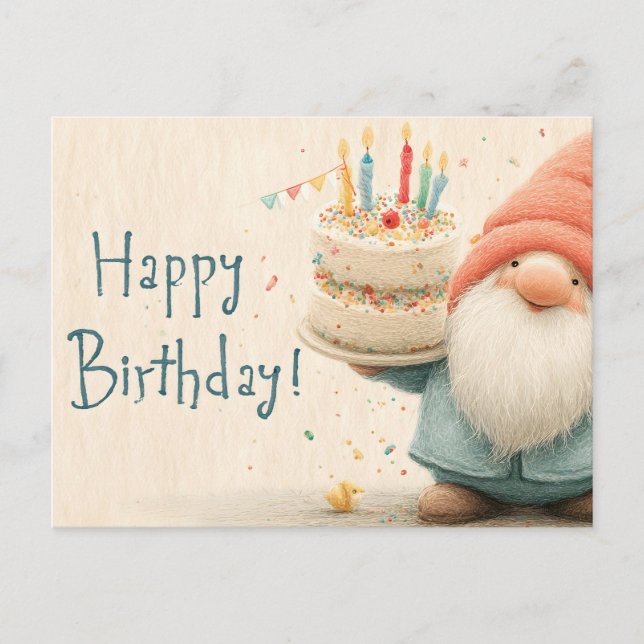 Cartão Postal Whimsical Birthday Greeting: Gnome Holding a Cake (Frente)