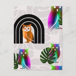 Cartão Postal Whimsical Boho Owl & Tropical Monstera Leaf