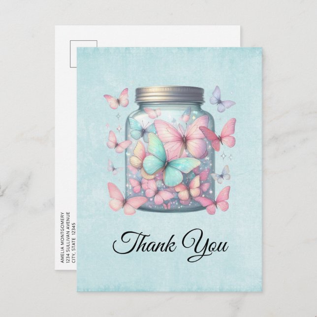 Cartão Postal Whimsical Butterflies in a Jar Thank You (Frente/Verso)