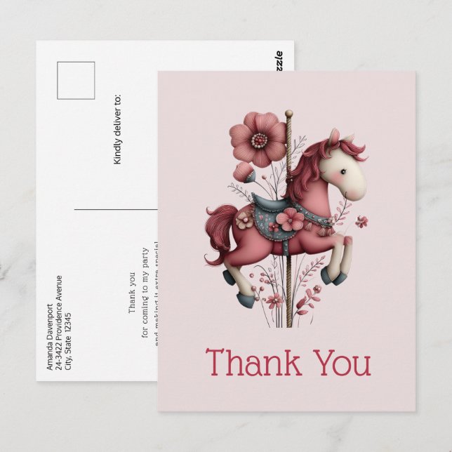 Cartão Postal Whimsical Carousel Horse Image Thank You (Frente/Verso)