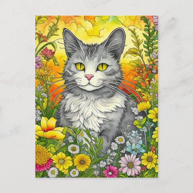 Cartão Postal Whimsical Cat and Flowers (Frente)