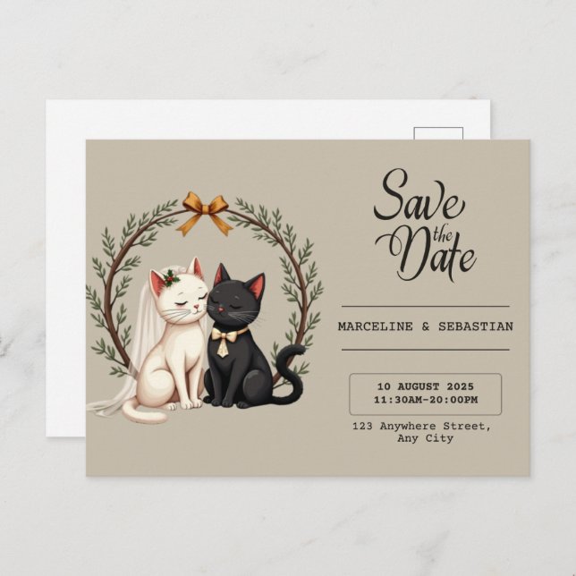 Cartão Postal Whimsical Cat Wedding Save the Date  (Frente/Verso)