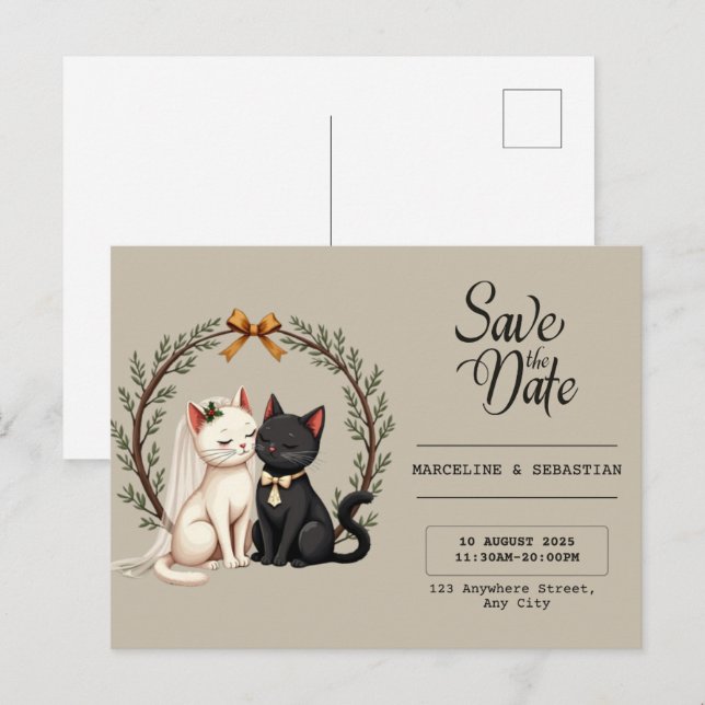 Cartão Postal Whimsical Cat Wedding Save the Date  (Frente/Verso)