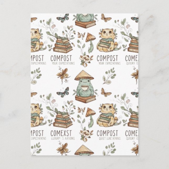Cartão Postal Whimsical "Compost Your Expectations" Frog & Cat P (Frente)